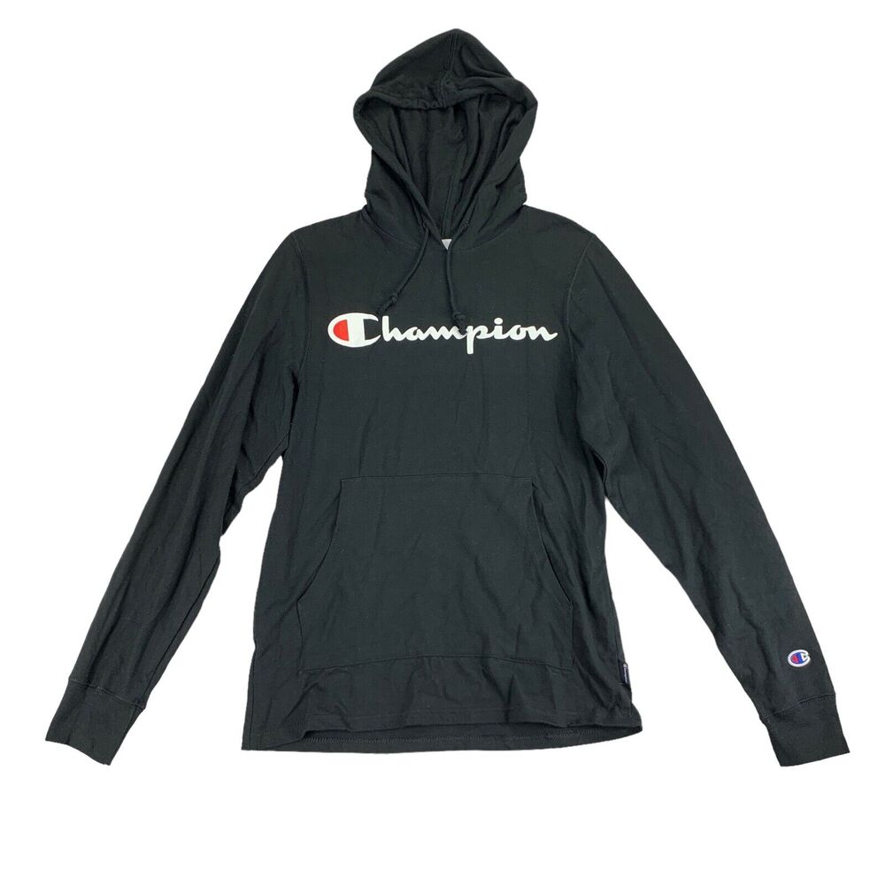 Champion Mens Script Logo Middleweight Cotton T-Shirt Thin Hoodie Black S - Picture 1 of 3